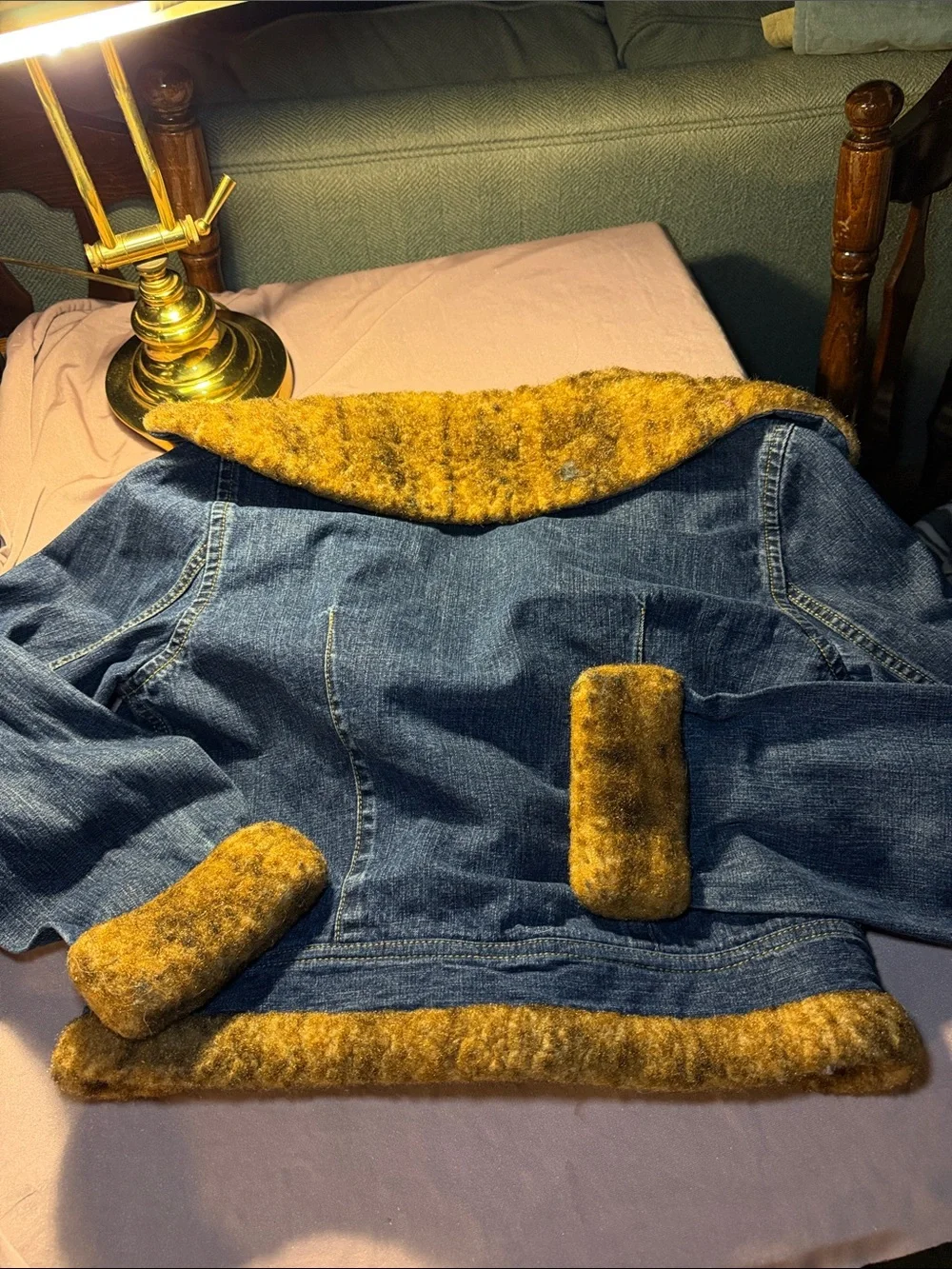 No Boundaries Dark Blue Denim Jacket with Brown Faux Shearling Trim